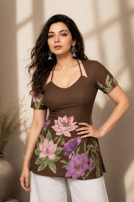 Indolady Brown Mocha Bloom Cotton Floral Printed Designer Top