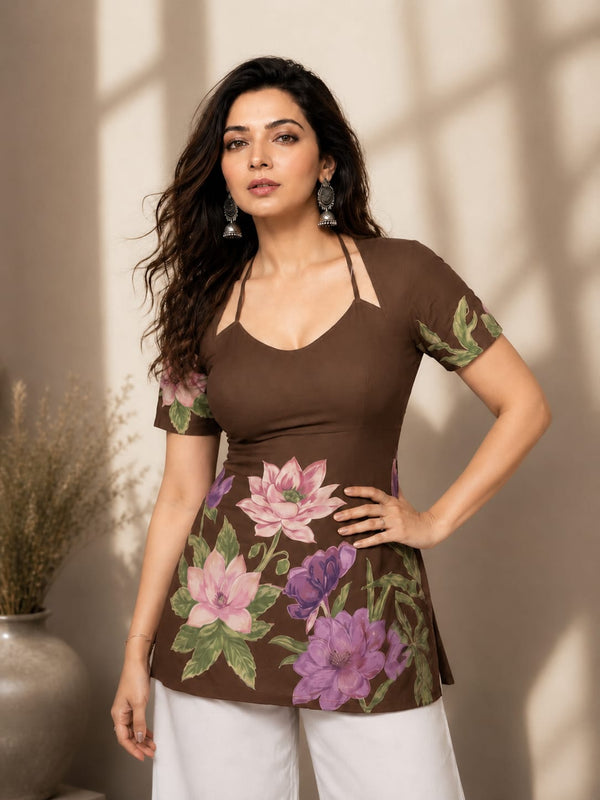 Indolady Brown Mocha Bloom Cotton Floral Printed Designer Top