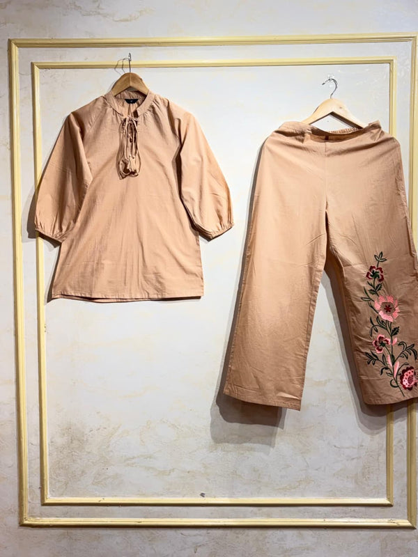 Sand Beige Floral Cotton Co-Ord Set