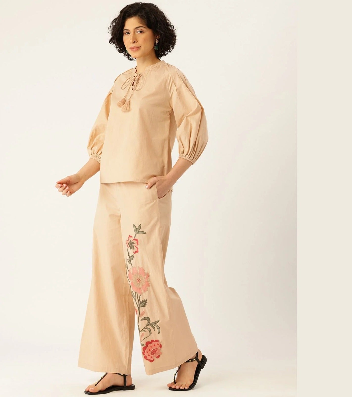 Sand Beige Floral Cotton Co-Ord Set
