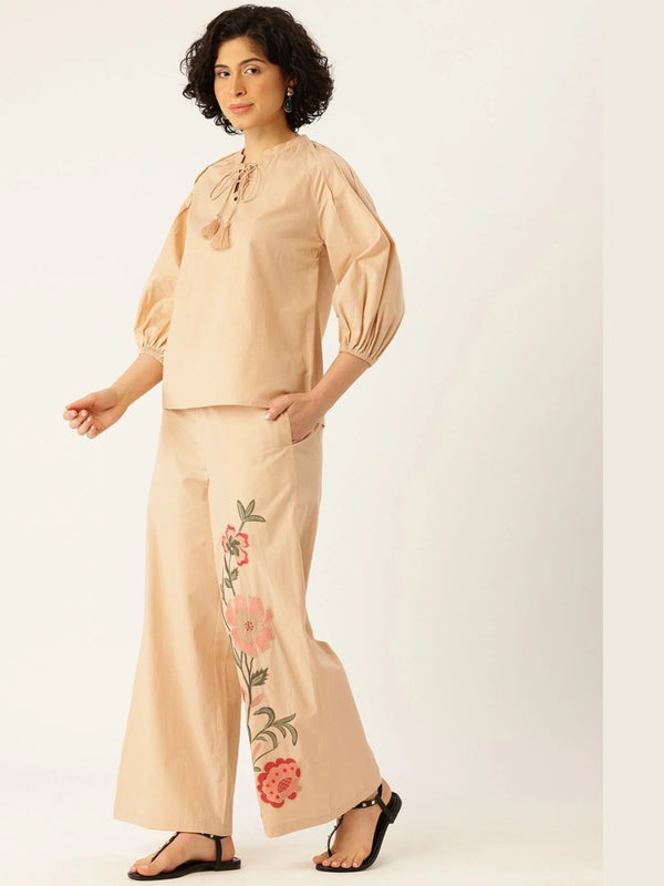 Sand Beige Floral Cotton Co-Ord Set