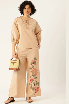 Sand Beige Floral Cotton Co-Ord Set