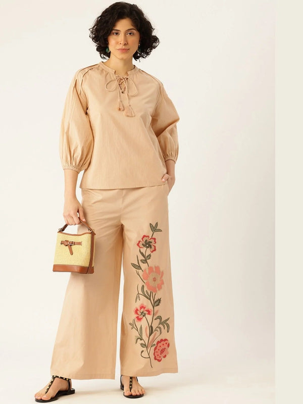 Sand Beige Floral Cotton Co-Ord Set