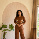 Brown Cotton Flex Co-Ord Set with Floral Embroidery