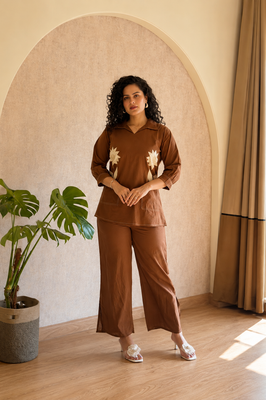 Brown Cotton Flex Co-Ord Set with Floral Embroidery